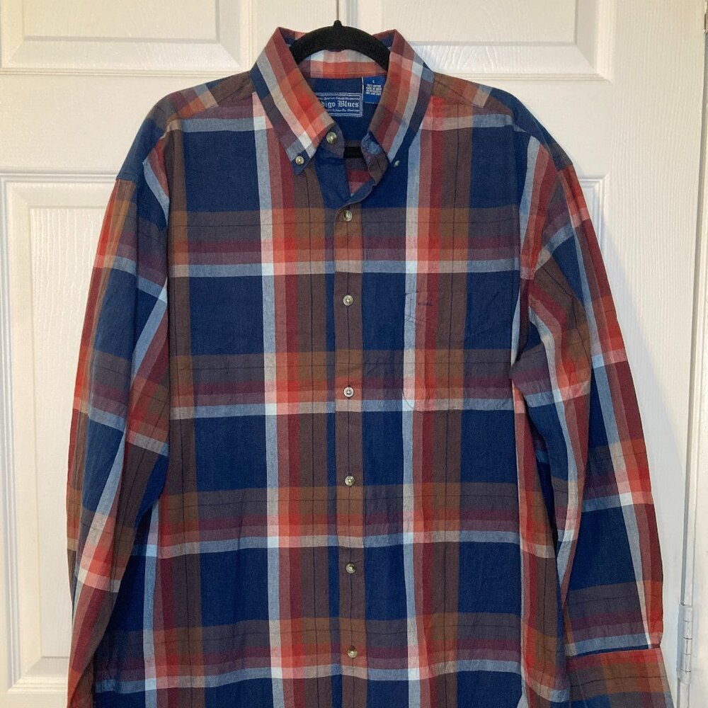 Indigo Blues Men's 100% Cotton Button Down Shirt - Blue/Red Plaid. - Size L